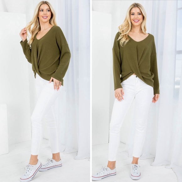 Front twist soft sweater in olive green - Picture 7 of 10